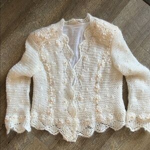 100% Natural Mohair Yarn Elegant Cream Knit Cardigan with Embroidery